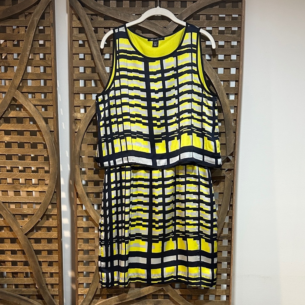 Kenneth Cole Yellow, Navy & Grey Geometric Midi Dress